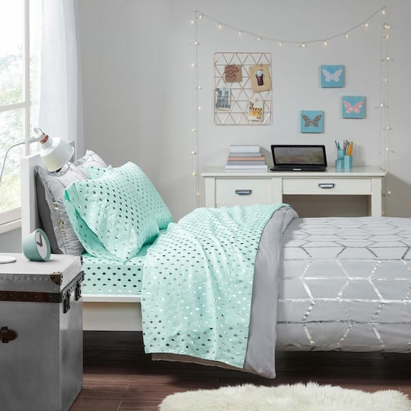 Metallic Dot 3-Piece Aqua/Silver Microfiber Twin XL Printed Sheet Set