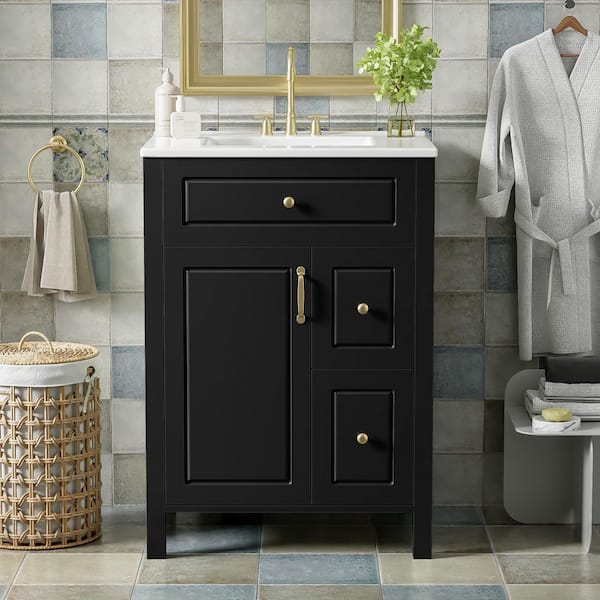 24 in. Single Sink Freestanding Black Bath Vanity with White Ceramic Top, Double Storage Racks
