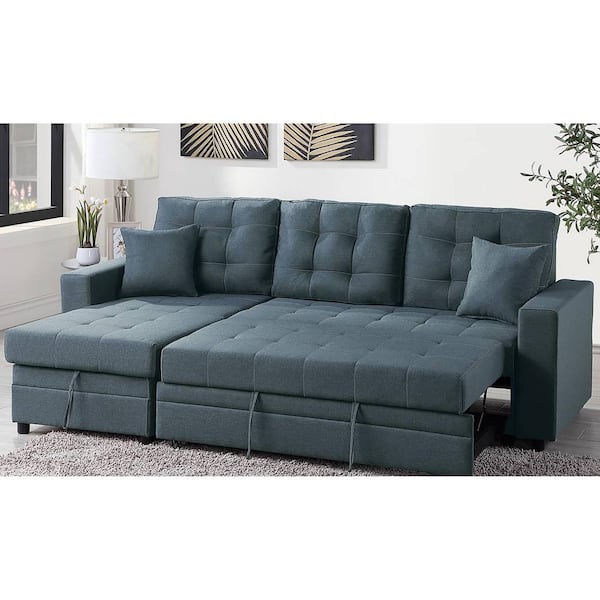 Venetian Worldwide 2-Piece 88 In. Wide Blue Gray Linen Square Tufted Adjustable Sectional with 2-Accent Pillows