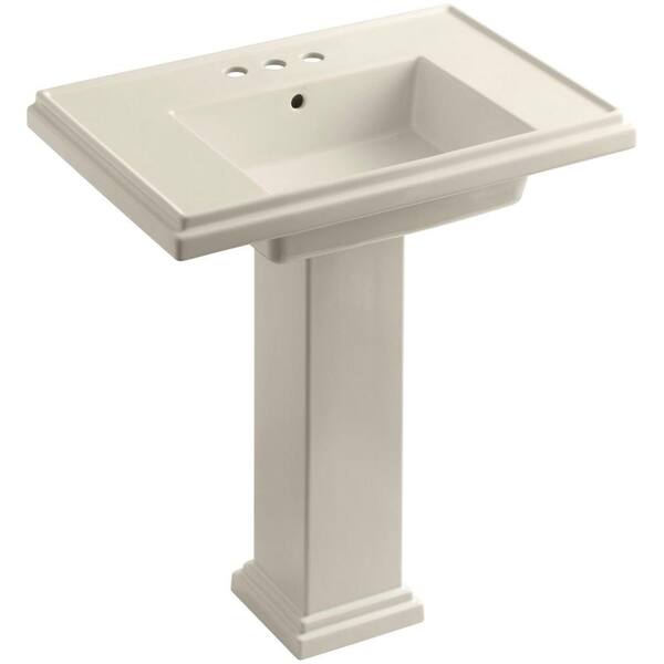 KOHLER Tresham Ceramic Pedestal Combo Bathroom Sink with 4 in. Centers in Almond with Overflow Drain