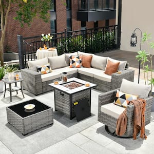 Metis 9-Piece Wicker Outdoor Patio Fire Pit Sectional Sofa Set and with Beige Cushions and Swivel Rocking Chairs