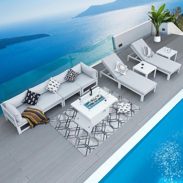 FINCATI Large Size White 9-Piece Aluminum Patio Frie Pit Deep Seating Sofa Set w/ Light Gray Cushions Chaise Lounge and Tables