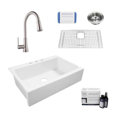 Josephine All-in-One Quick-Fit Farmhouse Fireclay 33.85 in. 3-Hole Single Bowl Kitchen Sink with Faucet and Strainer
