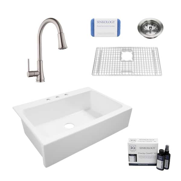 SINKOLOGY Josephine All-in-One Quick-Fit Farmhouse Fireclay 33.85 in. 3-Hole Single Bowl Kitchen Sink with Faucet and Strainer