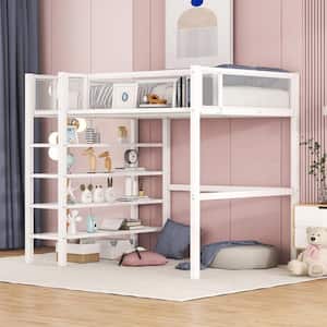 White Twin Size Metal Loft Bed with 4-Tier Shelves and Bedside Storage Shelve