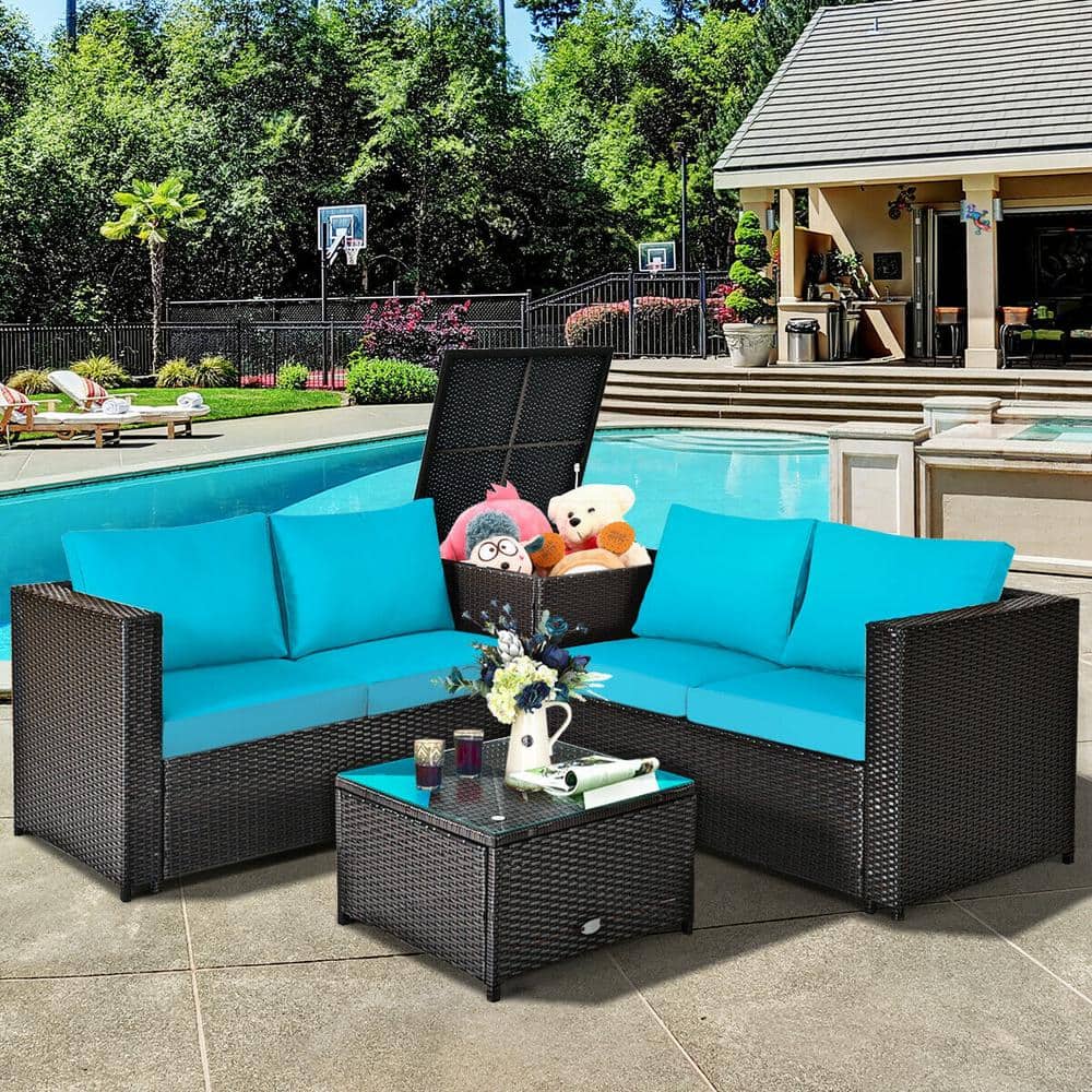4-Piece Rattan Patio Conversation Set with Turquoise Cushions and Storage B