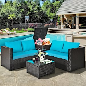 4-Piece Rattan Patio Conversation Set with Turquoise Cushions and Storage Box