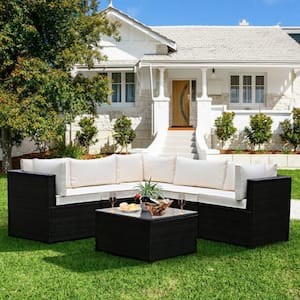 6-Piece Wicker Outdoor Sectional Set Patio Furniture Set with Beige Cushions