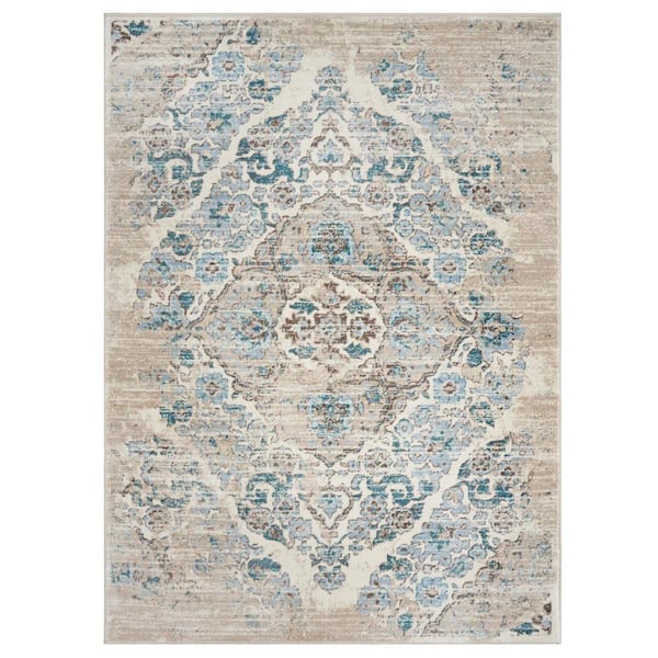 Unbranded Victoria Collection Distressed Cream 4x5 Oriental Floral Polypropylene Area Rug