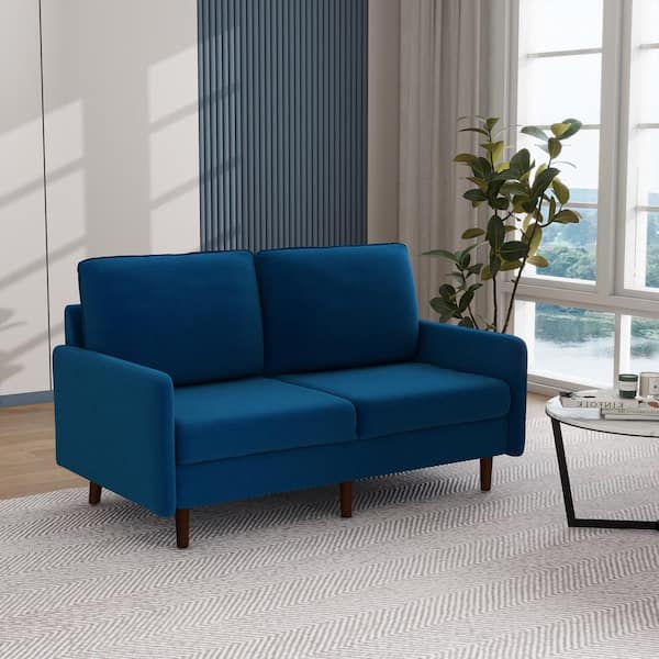 Uixe 56.88 in. Straight Arm Velvet Upholstered Rectangle 2-Seater Wood Legs Sofa in Navy Blue