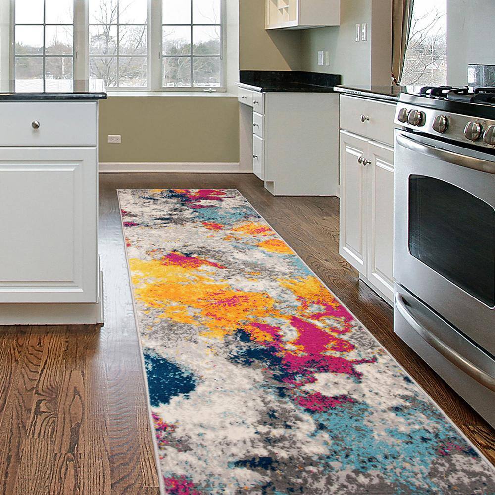 Multi-Color Abstract Synthetic Runner Rug, 2' x 7'
