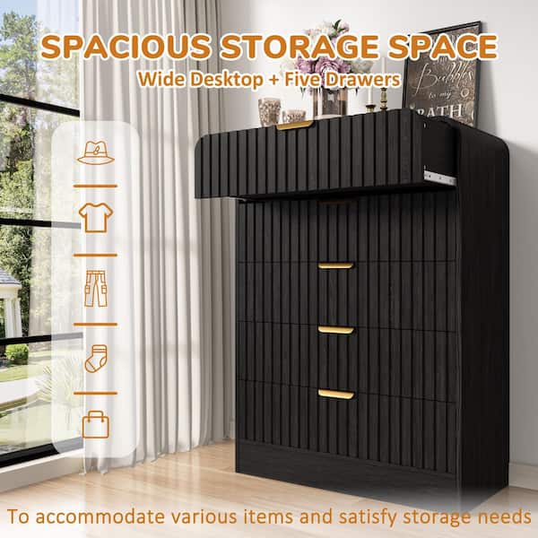 Black 5-Drawer 31.5 in.W MDF Chest of Drawers, Waveform Fluted Design Bedroom Dresser, Round Corner