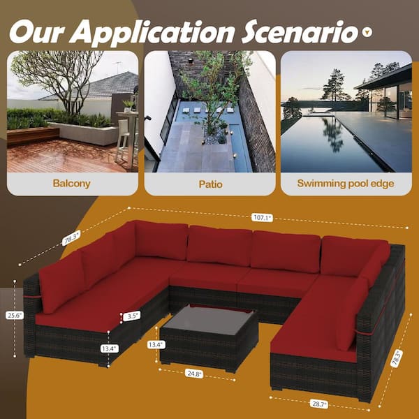 Brown 9-Pieces PE Rattan Wicker Patio Conversation Set Furniture Set with Coffee Table for Deck, Backyard, Lawn, Red
