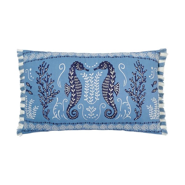 Peking Handicraft, Inc. Hamilton Blue Seahorse Embroidered Down Alternative 25 in. x 15 in. Throw Pillow