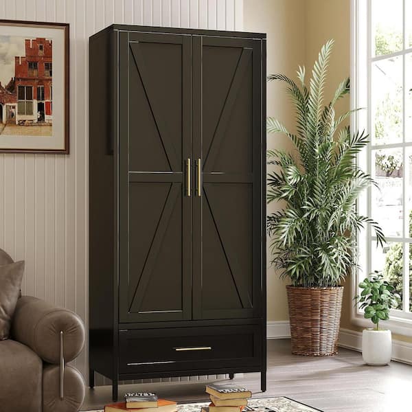 31.5 in. W x 70.9 in. H x 17.7 in. D 2-Door Black Metal Freestanding Closet Cabinet with Drawer