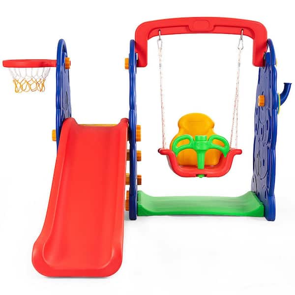 Costway 3 in 1 Junior Children Climber Slide Swing Seat Basketball Hoop Playset Backyard