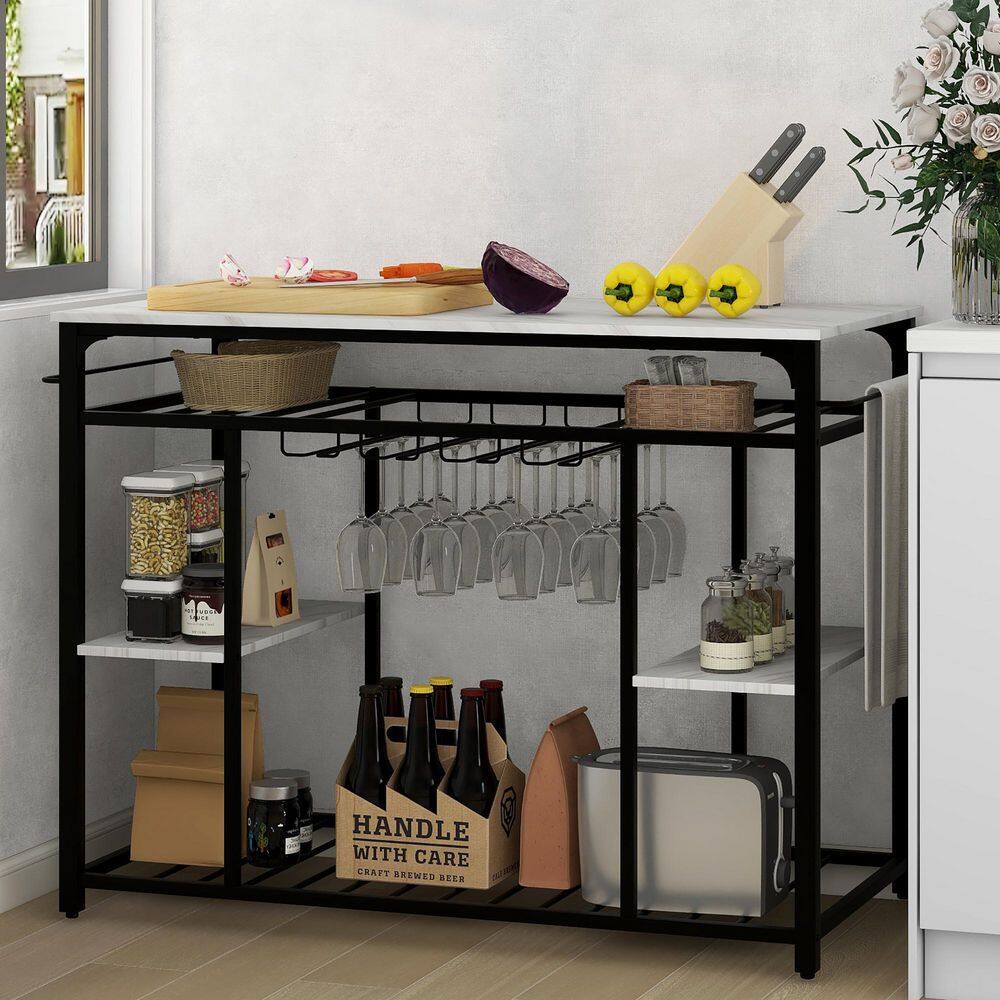 FORCLOVER Light Gray Marble Metal Kitchen Utility Table with Glass Racks TPMEFC26 The Home Depot
