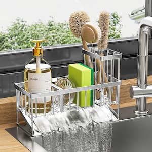 304 Stainless Steel Sink Caddy and Sponge Holder with High Brush Holder for Kitchen Sink Organization, Silver (1-Pack)