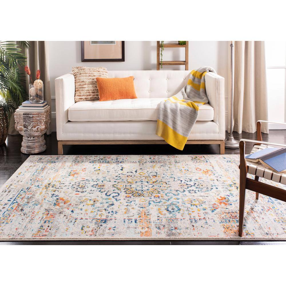 Cream and Blue Vintage Distressed Synthetic Area Rug