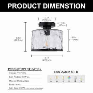 9 in. 1-Light Black Modern Semi Flush Mount Ceiling Light Industrial Clear Water Glass for Hallway Kitchen Bathroom