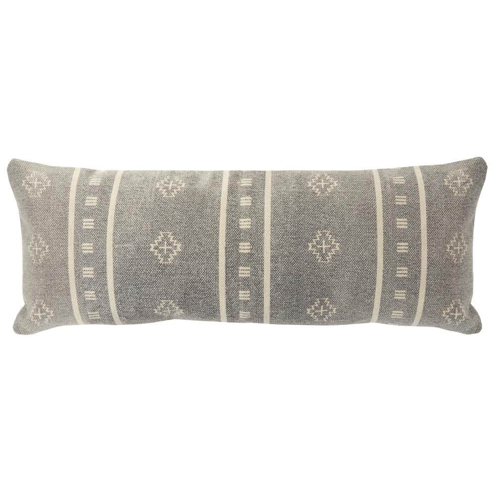 Gray and Cream Embroidered Lumbar Pillow, 36 x 14 Inch