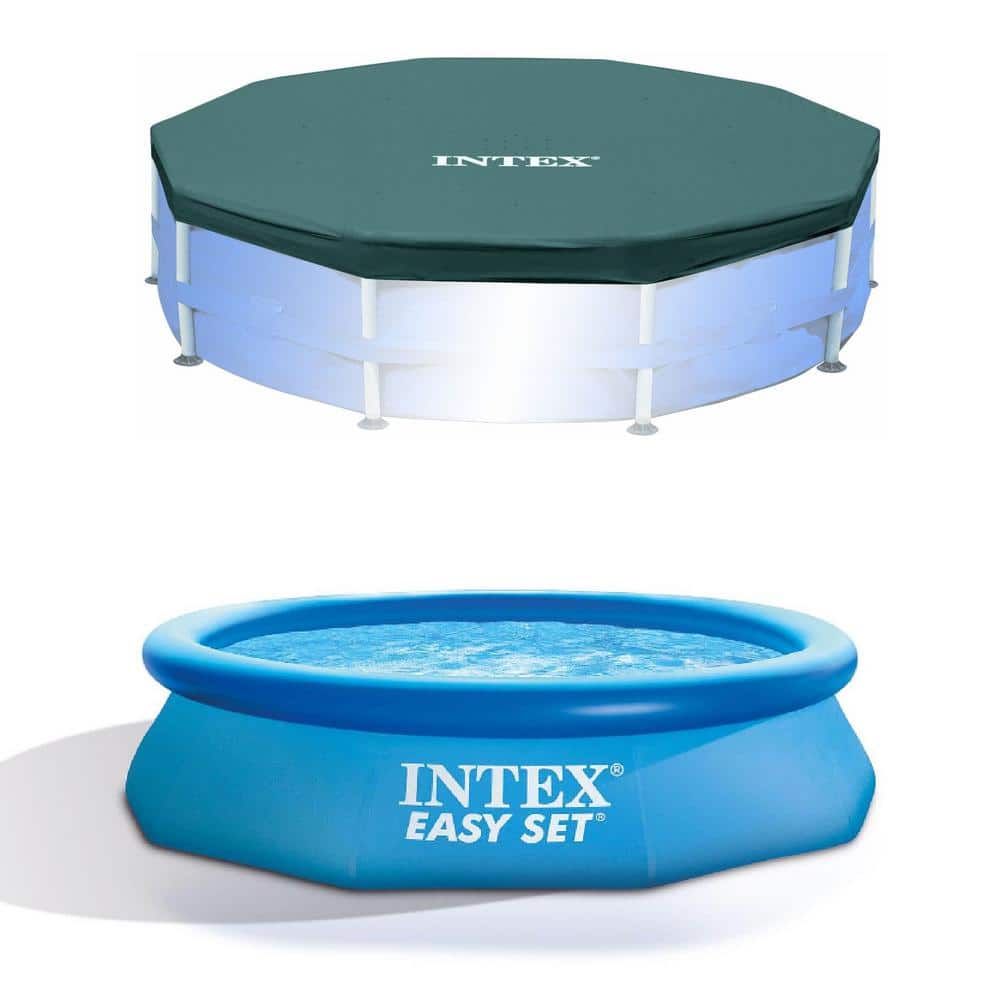 Intex 10 ft. x 120 in. Round Swimming Pool Cover and Easy Set Inflatable Pool, Blue -  176912