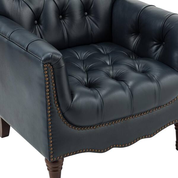 Luxe Dark Grey Real Leather And Dark Wood Leg Armchair