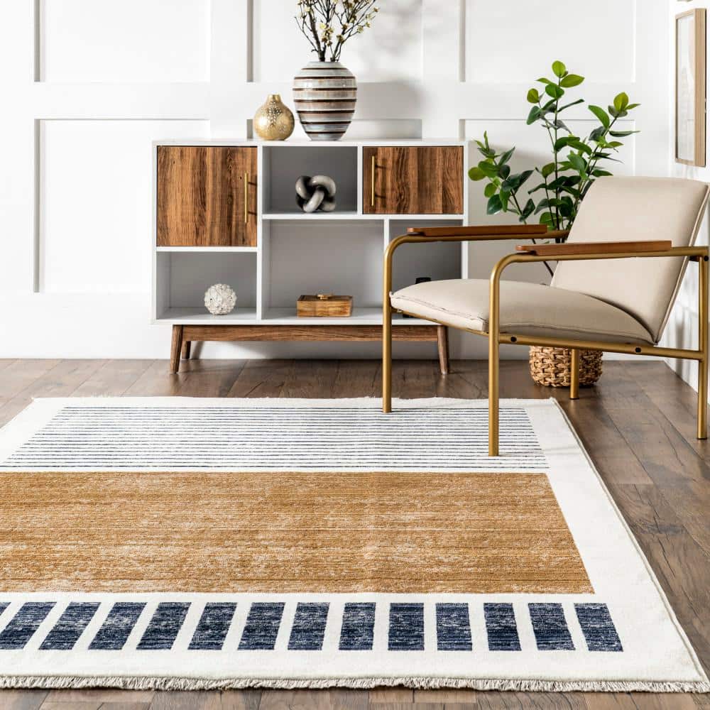 Keeva Beige and Black Striped Synthetic Area Rug