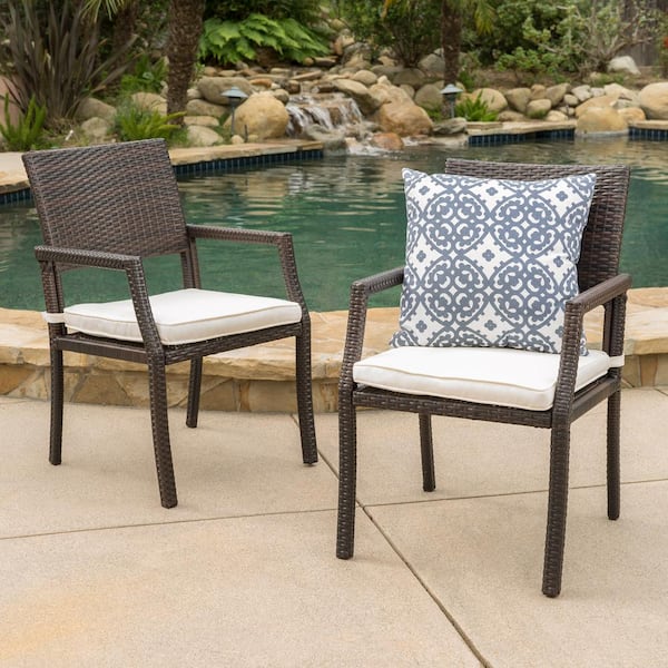Noble House Alondra Multibrown Stationary Faux Rattan Outdoor Dining Chair with White Cushion (2-Pack)