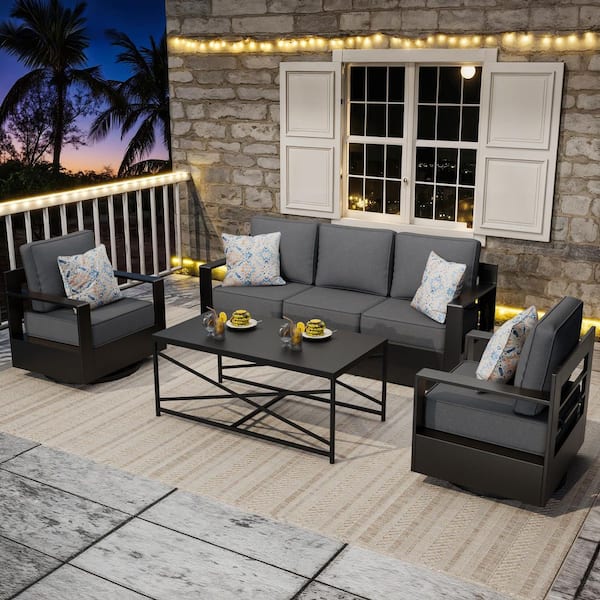 4-Piece Aluminum Patio Conversation Set with Outdoor Swivel Rocking Chair, Coffee Table and Thick Gray Cushions
