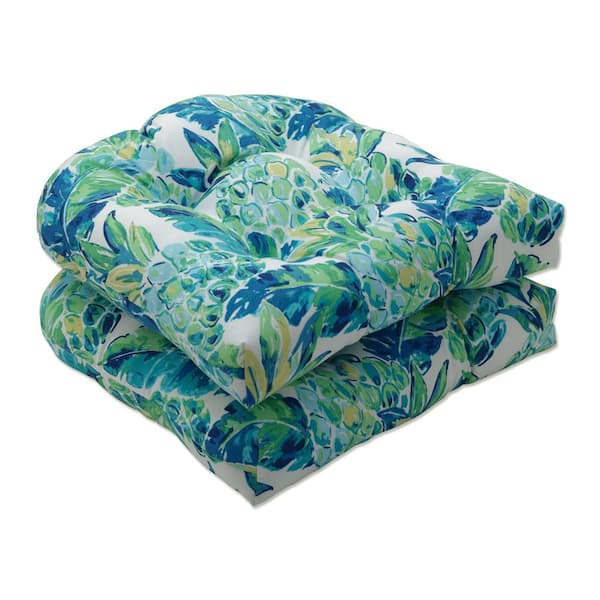 Pillow Perfect Floral 19 x 19 Outdoor Dining Chair Cushion in Blue/Green/White (Set of 2)