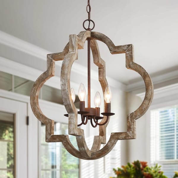 LNC Modern Farmhouse Cage Chandelier Bronze 4-Light Island Candlestick Chandelier Rust Proof Weathered Wood Pendant Light
