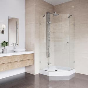 Verona 42 in. L x 42 in. W x 79 in. H Frameless Hinged Neo-angle Shower Enclosure Kit in Brushed Nickel with Clear Glass