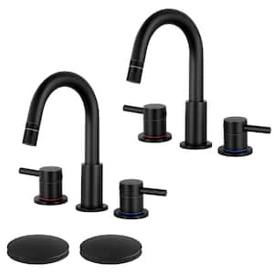 Double Handles 8 in. Widespread Bathroom Sink Faucet with Pull Out Sprayer in Matte Black (2-pack)