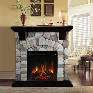 36 in. W Electric Fireplace with Natural Rock Mantel Grey