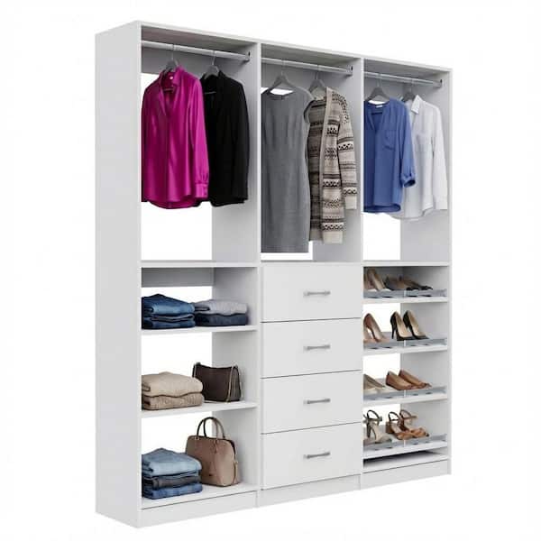 Alto Collection 73.5 in. W White Wall Mounted Hang w Shelves, 4-Drawer w Hang, Hang w Shoe Shelves Wood Closet System