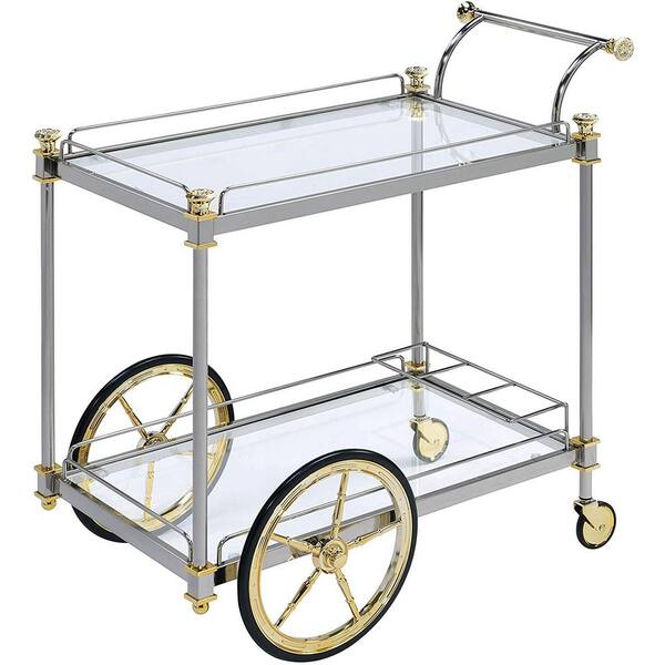 Benjara Metal Framed Silver and Gold Serving Cart with Glass Shelves and Side Handle