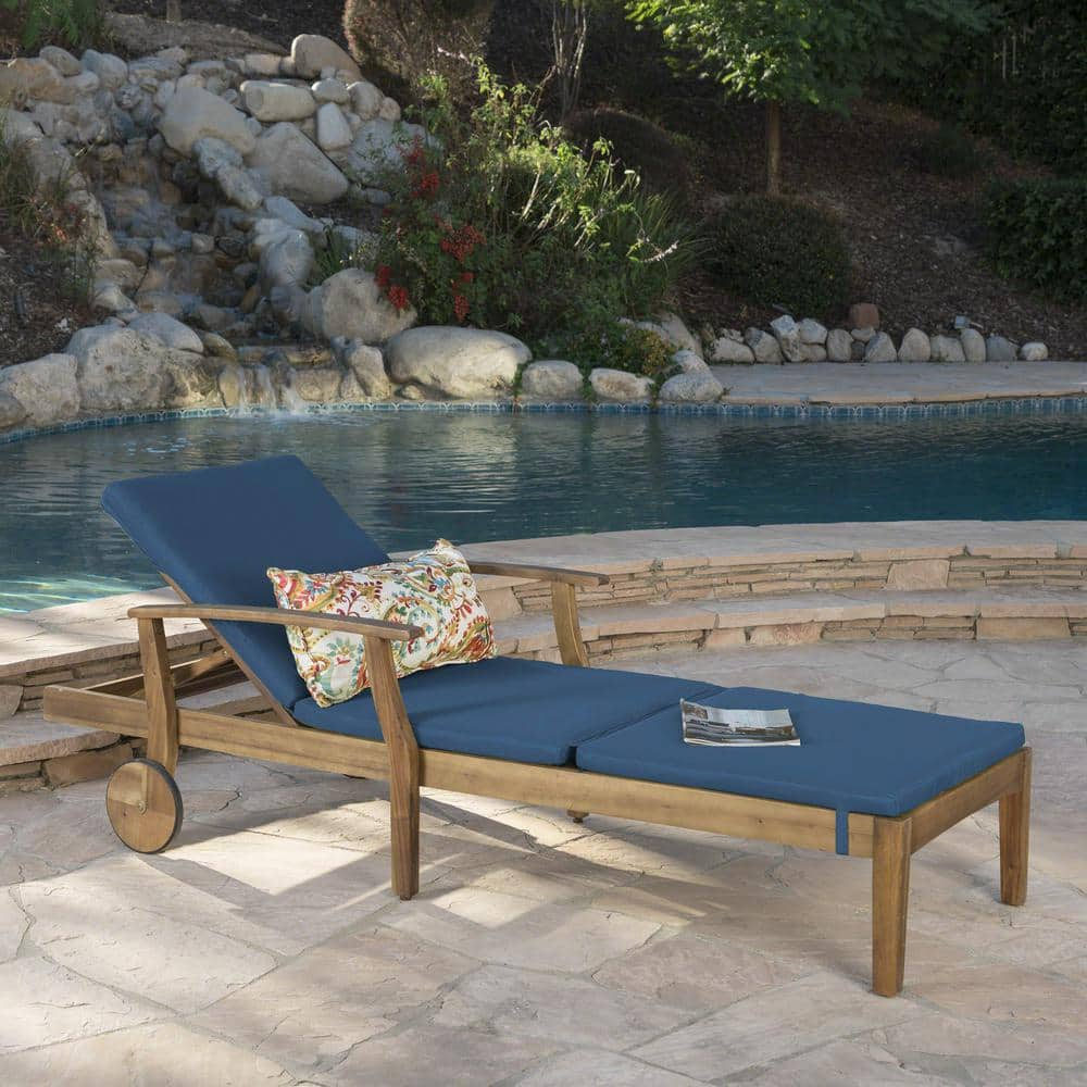 Noble House Giancarlo Teak Wood Outdoor Patio Chaise Lounge with Blue Cushion