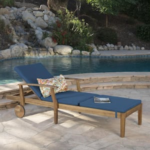 Giancarlo Teak Wood Outdoor Patio Chaise Lounge with Blue Cushion