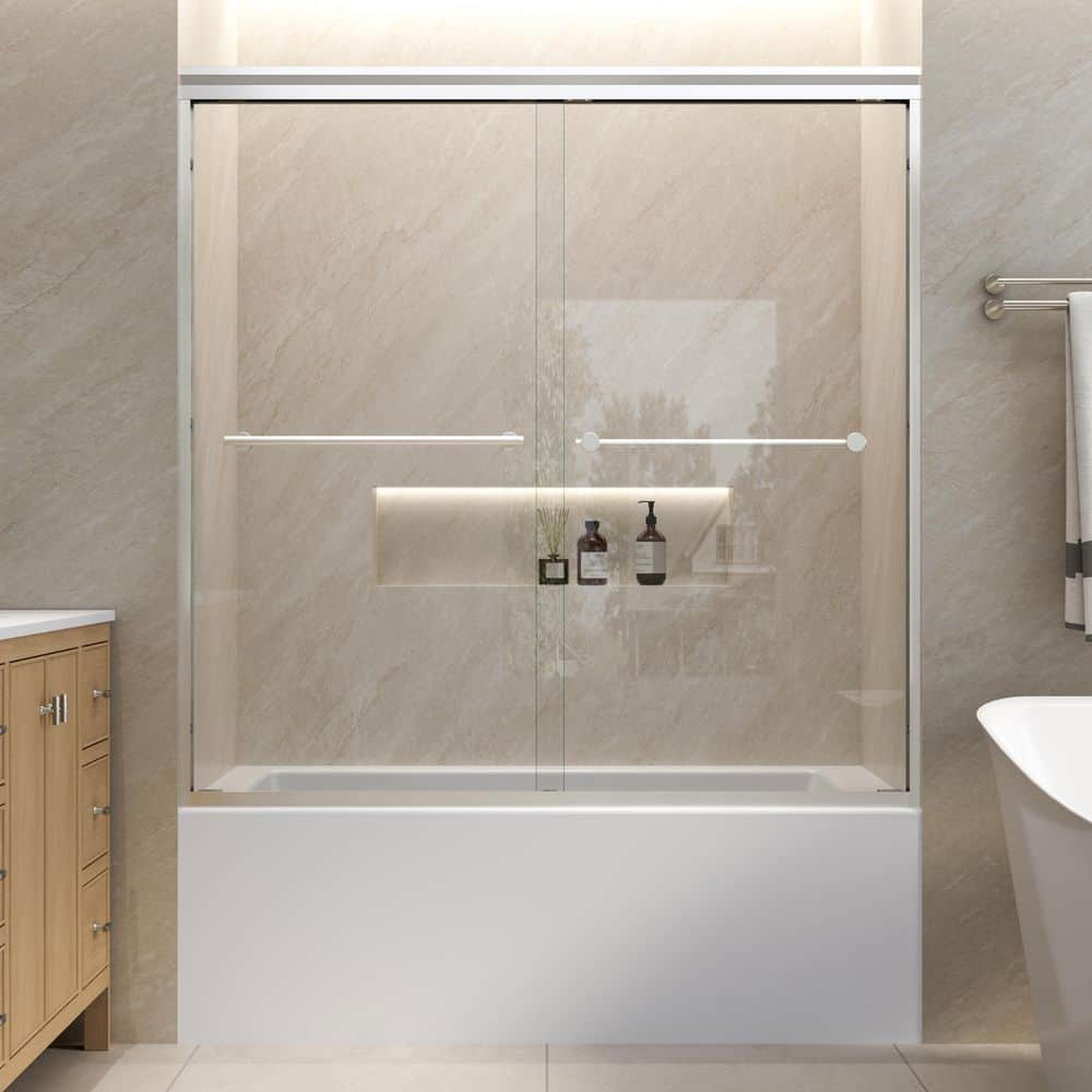 56-60 in. W x 60 in. H Double Sliding Framed Tub Door in Brushed Nickel Finish with 1/4 in. (6mm) Clear Tempered Glass price history on PriceWatchPro