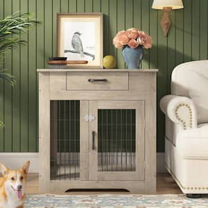 29.92 in. Gray Rectangle Wood End Table with 1-Drawer, Pet Kennels with Double Doors & Cushion, Nightstand Side Table