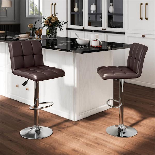 25-33.5 in. Brown Metal Modern Swivel Bar Stools with Footrest Back ( Set of 2 )