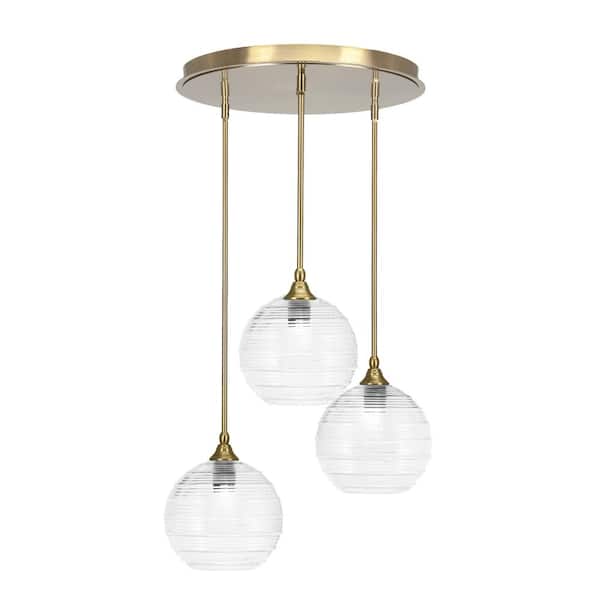 Unbranded Villa 3 Light New Age Brass Pendant, Cluster Pendant Light with 10 in. Clear Ribbed Glass Shades, No bulb Included