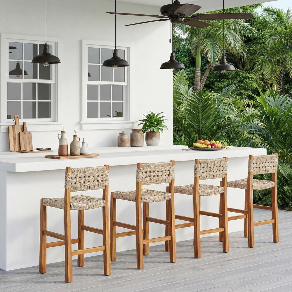 Cathan Solid Wood Outdoor Bar Stool with Light Gray Wicker, (Set of 4) price history on PriceWatchPro