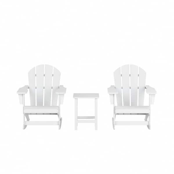 Laguna 3-Piece Fade Resistant Outdoor Patio HDPE Poly Plastic Adirondack Rocking Chairs and Side Table Set, White
