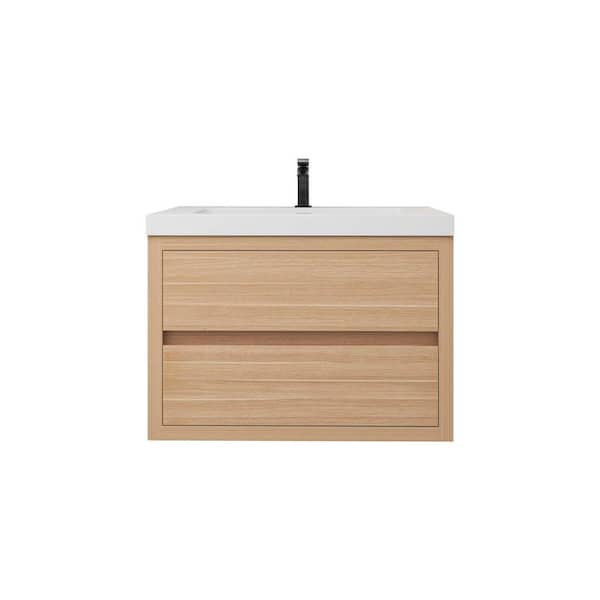 Louis 30 in. W x 20 in. D x 22 in. H Single Sink Floating Bath Vanity in Champagne Oak with White Acrylic Top
