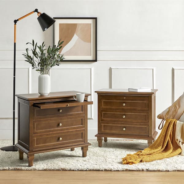 Julia Walnut 27 in. H Traditional 3-Drawer Solid Wood Legs Nightstand with Charging Station Set of 2