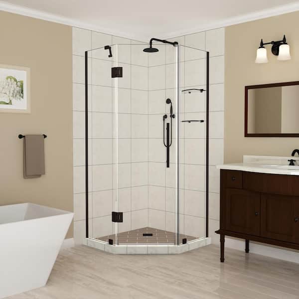 Aston Merrick GS 36 in. to 36.5 in. x 72 in. Frameless Neo-Angle Hinged Shower Enclosure with Glass Shelves in Bronze