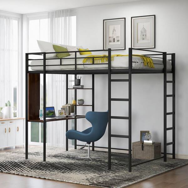 Qualler Black Full Size Metal Loft Bed with 1 Desk and 2 Shelves ...