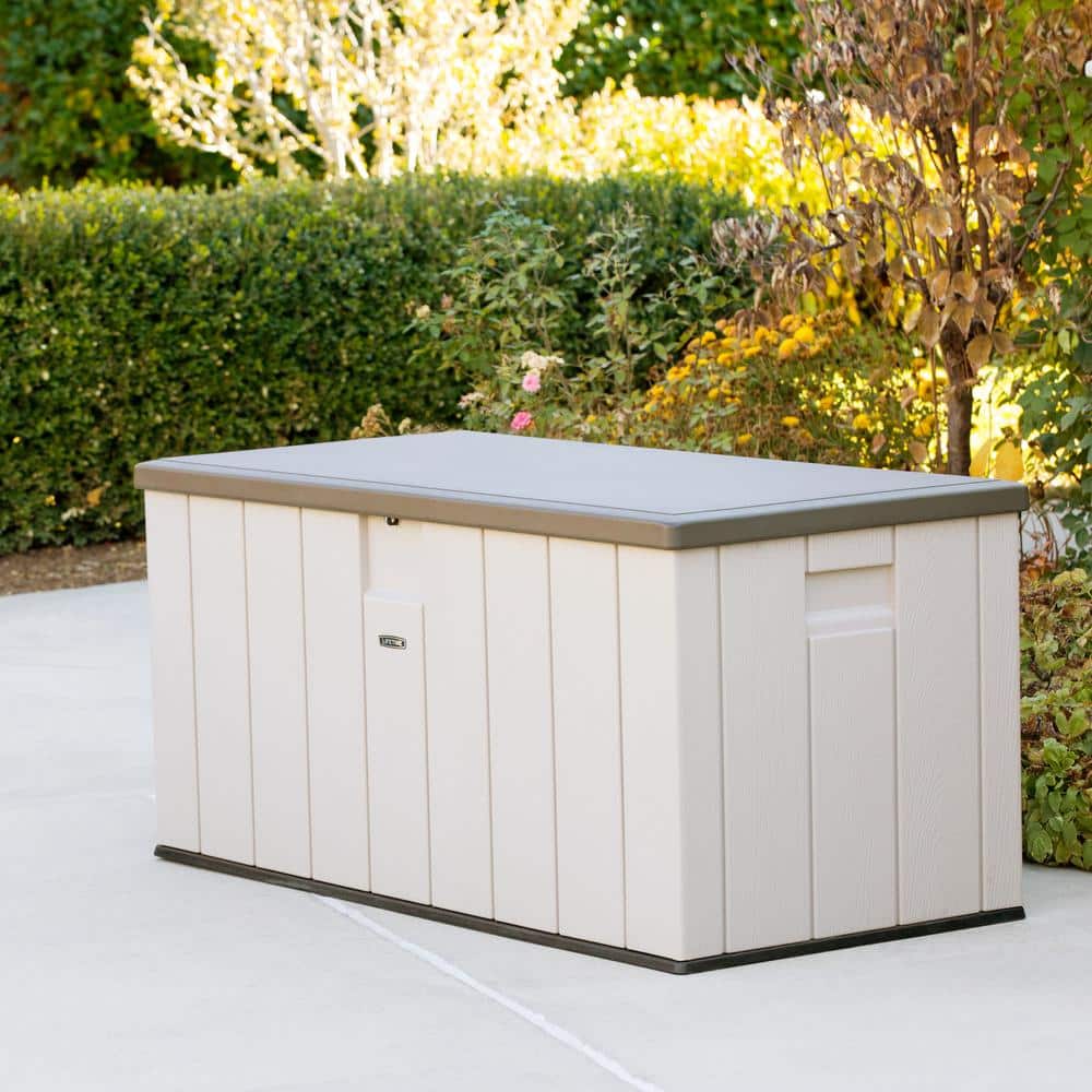 Lifetime 150 Gallon Lockable Beige and Brown Plastic Deck Box